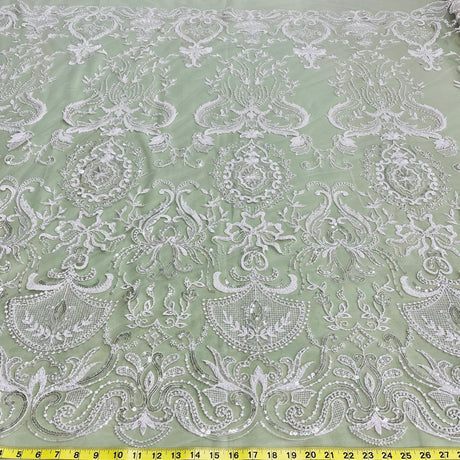 Beaded Lace Fabric - Embroidered Polyester Net Mesh, White, Ivory, Antique Silver, 51" Width (1 Yard)