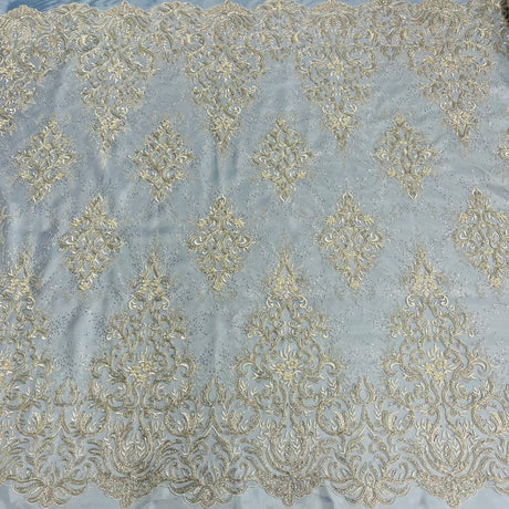 Beaded Corded Bridal Lace Polyester Fabric - Embroidered Net Mesh, White, Ivory, Silver, Gold, 56" Wide (1 Yard)