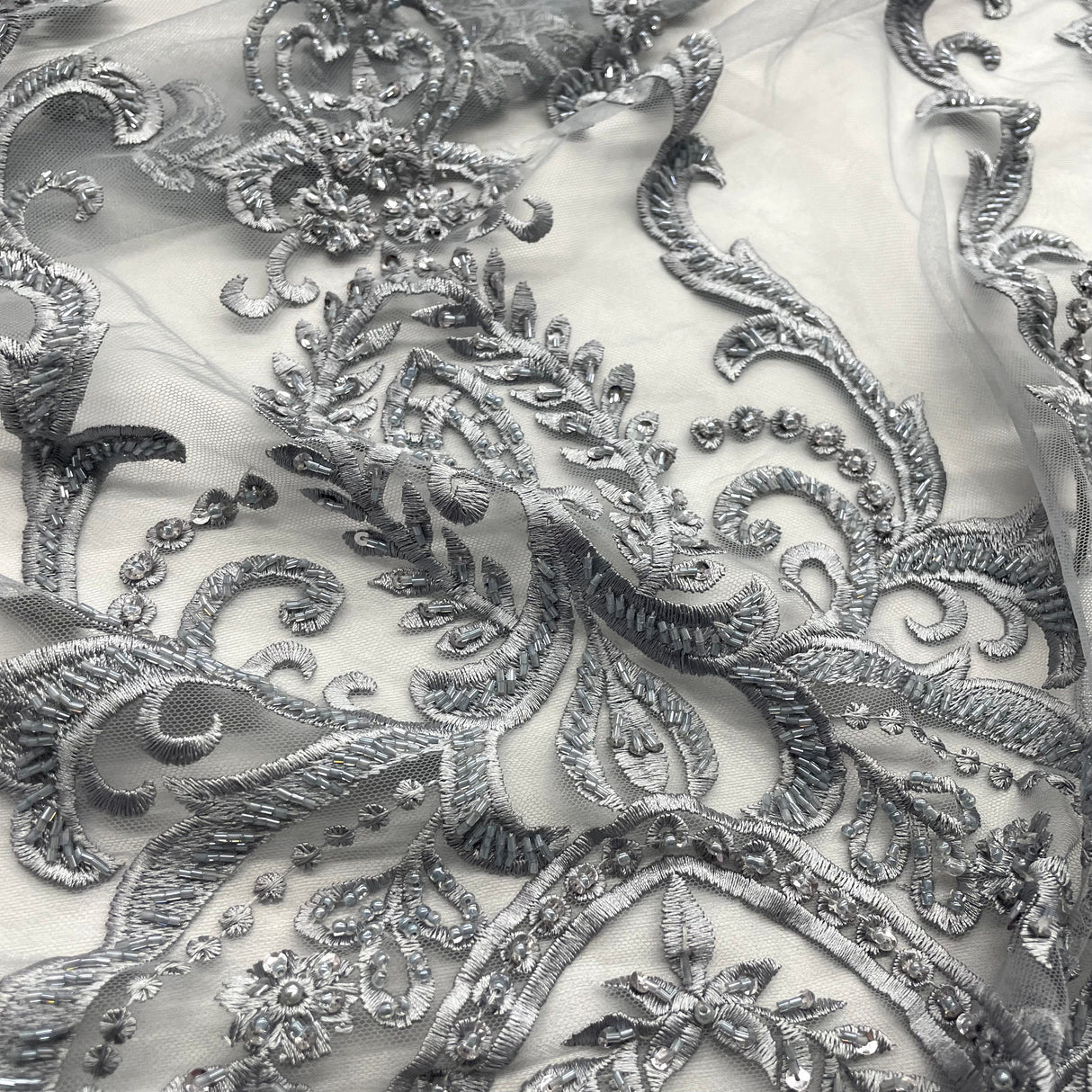 Beaded Lace Fabric on Polyester Net Mesh 54"