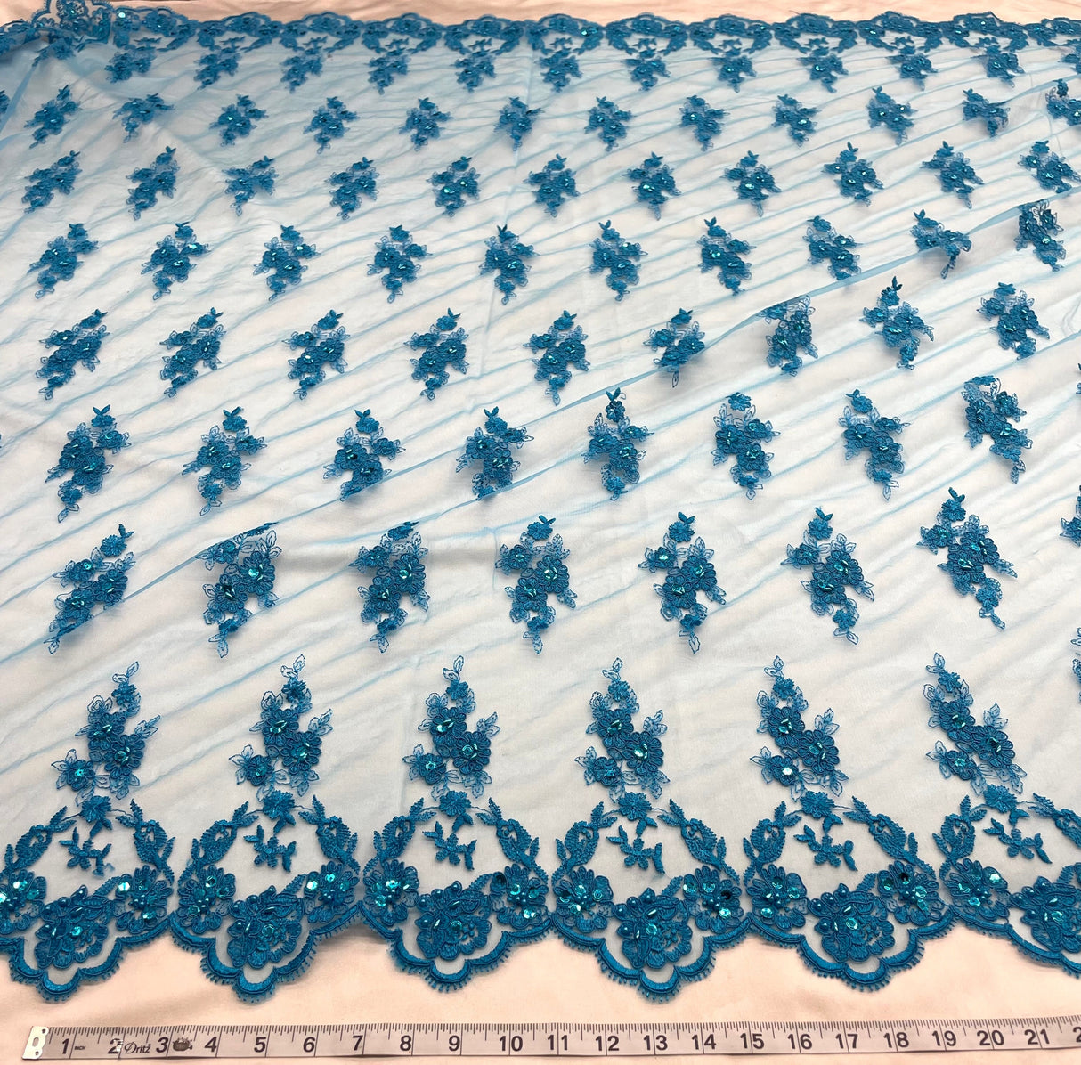 Beaded Corded Lace Fabric - Embroidered On 100% Polyester Net Mesh, 53" Width, 6 Colors (1 Yard)