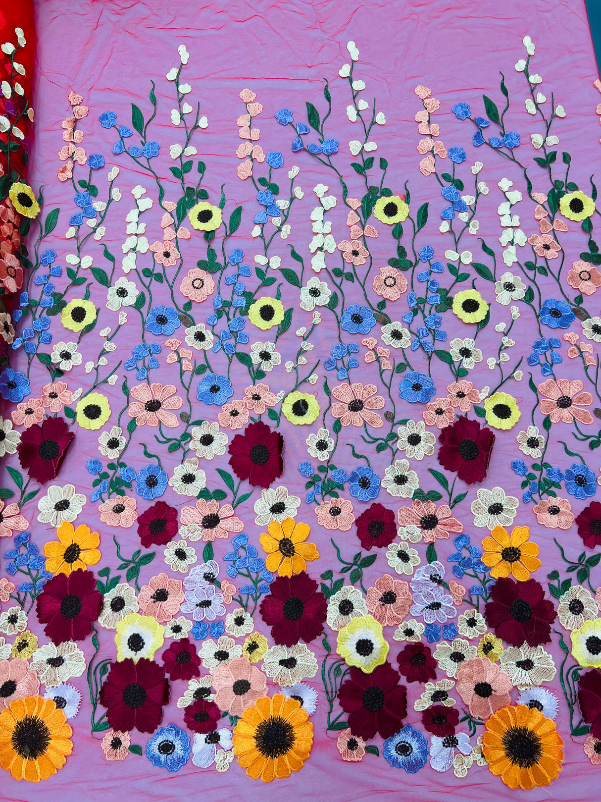 Multi Color Sun Flower 3D Design Embroidered Mesh Lace Fabric - Multi Color Sun Flower, Double Scallop, 48/50" Width (1 Yard)