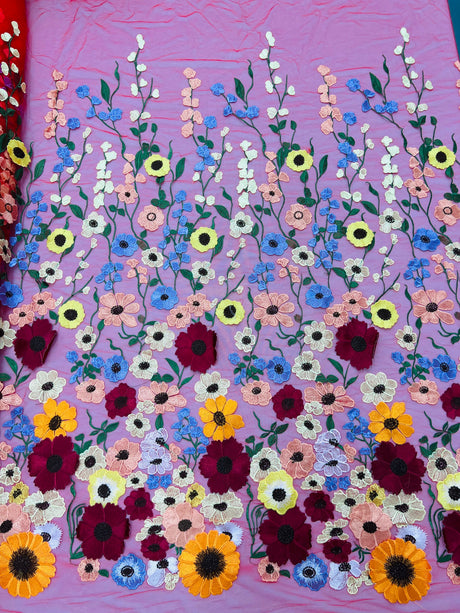 Multi Color Sun Flower 3D Design Embroidered Mesh Lace Fabric - Multi Color Sun Flower, Double Scallop, 48/50" Width (1 Yard)