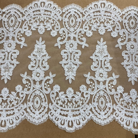 Corded Double Sided Lace Trimming 100 Percent Polyester Fabric - White With Silver Cording, 13" Width (1 Yard)