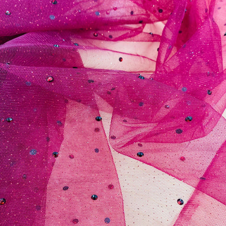 Glitter Mesh Tulle Fabric - Scattered Rhinestones, 2-Way Stretch, 60" Width (1 Yard)