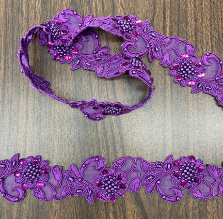 Beaded Corded Lace Trimming Embroidered On 100 Percent Polyester Organza Fabric - 2" Width, 21 Colors (1 Yard)