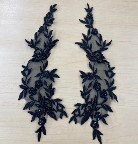 Beaded Floral Lace Applique 100 Percent Polyester Organza Fabric - Beaded Floral Applique, 10" X 2.5" (1 Pair)
