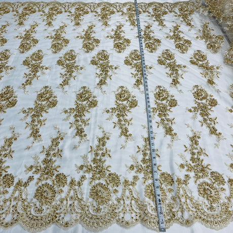 1 Yard Luxury Beaded Corded Bridal Lace Fabric Embroidered White