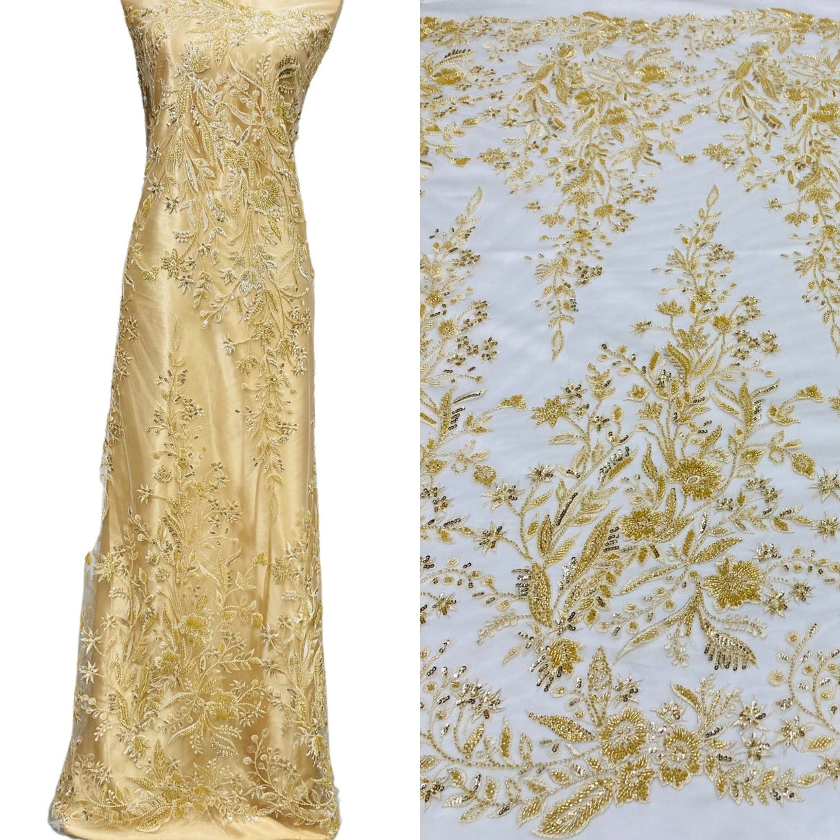 Beaded Lace Fabric on Polyester Net Mesh