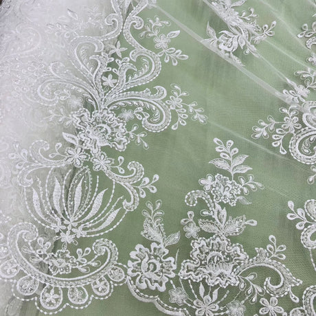 Beaded Lace Fabric Embroidered On 100 Percent Polyester Net Mesh - White, Ivory, Antique Silver, 53" Width (1 Yard)