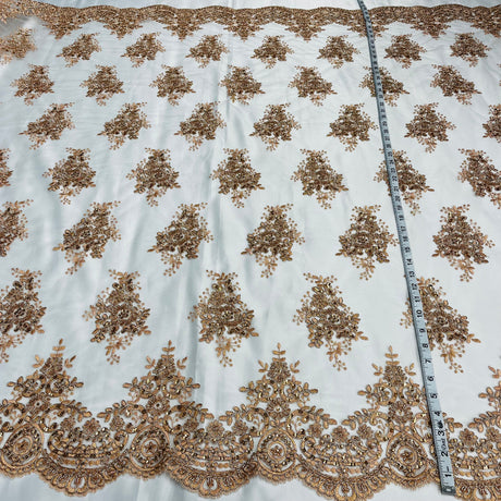 Beaded Corded Lace Fabric - Embroidered On 100 Percent Polyester Net Mesh, 56" Width (1 Yard)