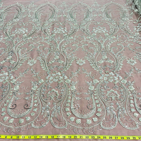 Beaded Lace Fabric Embroidered On 100 Percent Polyester Net Mesh - White, Ivory, Antique Silver, 51" Width (1 Yard)