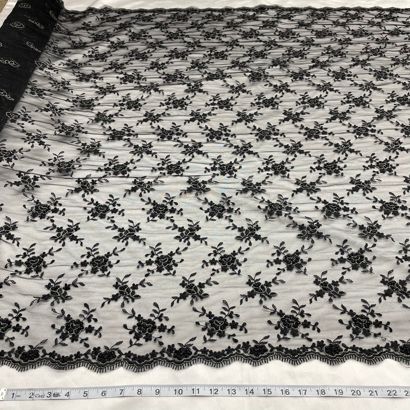 Beaded Lace Black Mesh Fabric