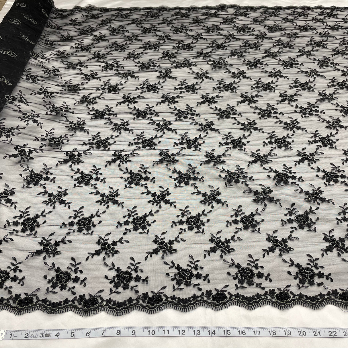 Beaded Lace Black Mesh Fabric