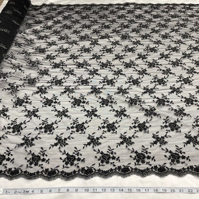 Beaded Lace Black Mesh Fabric