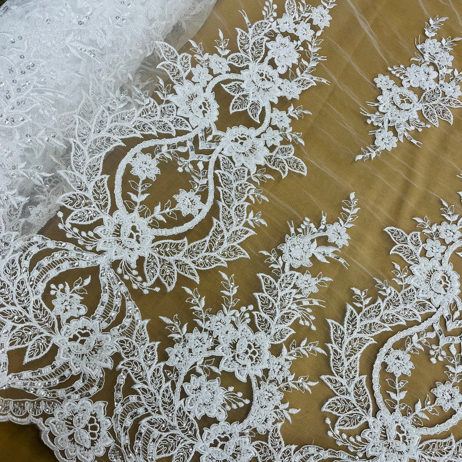 1 Yard Beaded and Corded Bridal Lace Fabric Embroidered on Polyester Net Mesh White and Ivory