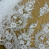 1 Yard Beaded and Corded Bridal Lace Fabric Embroidered on Polyester Net Mesh White and Ivory