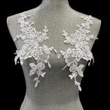 Corded Floral Applique 100 Percent Polyester Organza Fabric - Ivory, White, Ivory With Silver, Floral Applique, 13" X 6" (1 Pair)