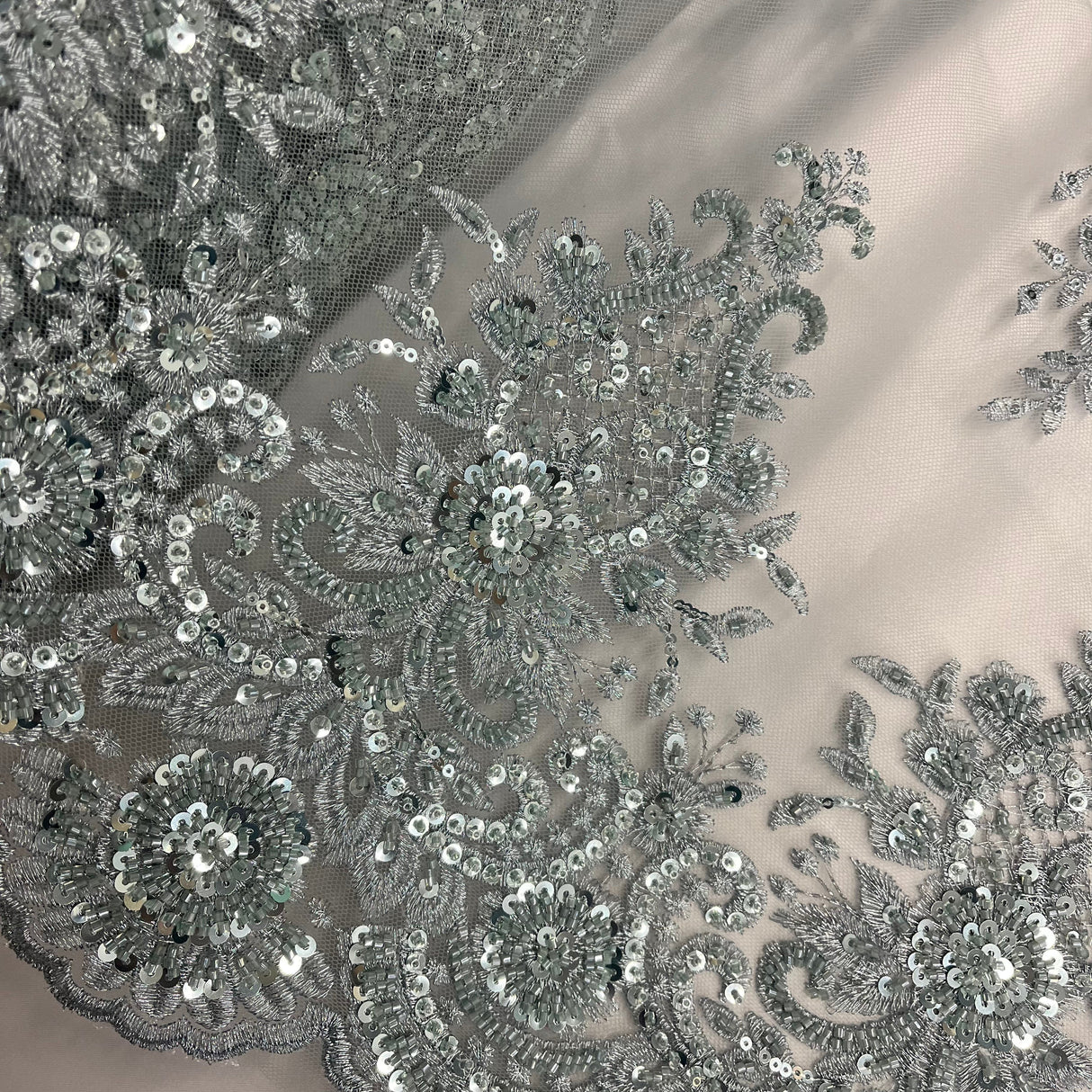 Beaded Lace Fabric on Polyester Net Mesh 50"