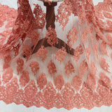 Beaded & Corded Lace Fabric - Embroidered On 100 Percent Polyester Net Mesh, Red/Jade/Coral, 54" Width (1 Yard)