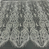 1 Yard Beaded & Corded Bridal Lace Fabric Embroidered on 100% Polyester Net Mesh