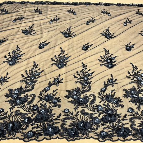 Beaded 3D Floral Lace Polyester Fabric - Black, Dusty Rose, Vanilla, 51" Width (1 Yard)