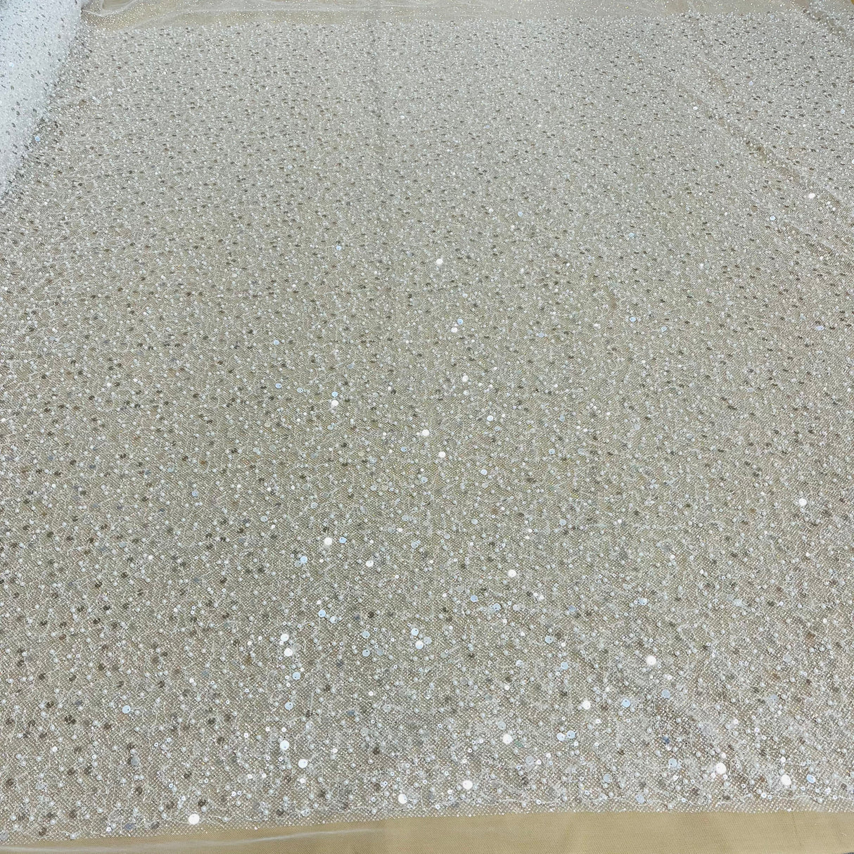 Beaded Sequined Lace Fabric Off White Silver