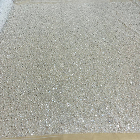 Beaded Sequined Lace Fabric Off White Silver