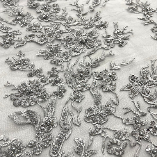 1 Yard Silver Beaded Embroidered Lace Fabric – 54"