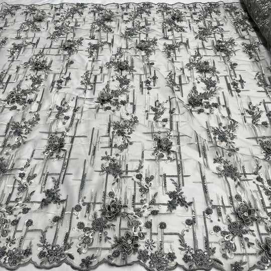 1 Yard Beaded Rhinestone 3D Floral Lace Fabric Embroidered 100 Percent Polyester Net Mesh 50 inch Width