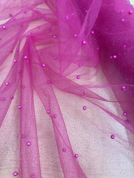 Glitter Mesh Fabric With Scattered Pearls - 2-Way Stretch Sheer Mesh, 60" Width (1 Yard)