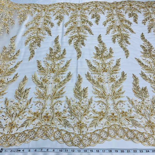 1 Yard Beaded and Corded Bridal Fabric Lace Embroidered on Polyester Net Mesh 51 inch Width