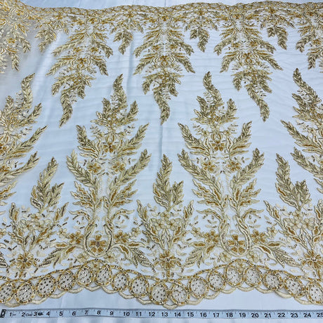 1 Yard Beaded and Corded Bridal Fabric Lace Embroidered on Polyester Net Mesh 51 inch Width