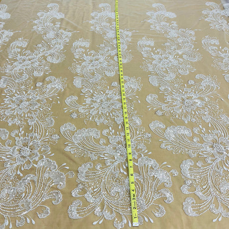 1 Yard Exquisite Beaded Lace Fabric Embroidered on Polyester Net Mesh White Ivory and Blush