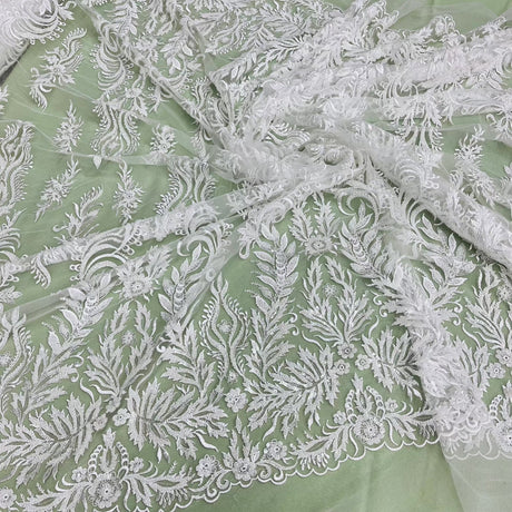 Beaded Sequined Lace Fabric - Ivory, White, 56" Wide (1 Yard)