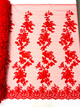 Scarlet 3D Floral Design Lace Fabric - Embroidered Beaded Mesh Lace, Double Scallop, 54" Width (1 Yard)