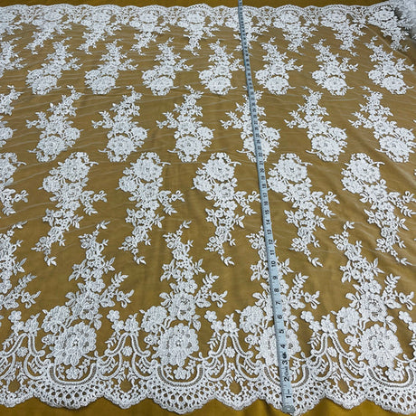 1 Yard Silver Corded Bridal Lace Fabric Embroidered on Polyester Net Mesh Floral Design 54 Inch Width