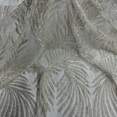 1 Yard Beaded and Corded Bridal Lace Fabric Embroidered on Polyester Net Mesh