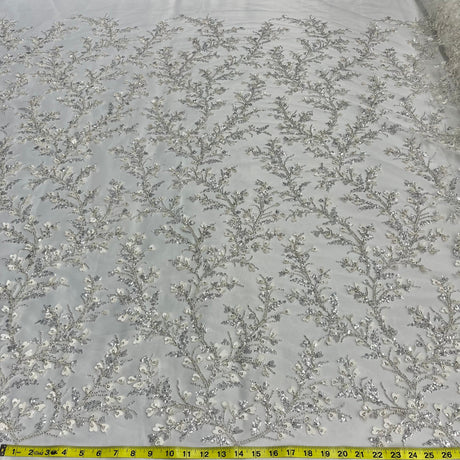 Beaded 3D Floral Lace Fabric - Ivory With Silver, 54" Width (1 Yard)