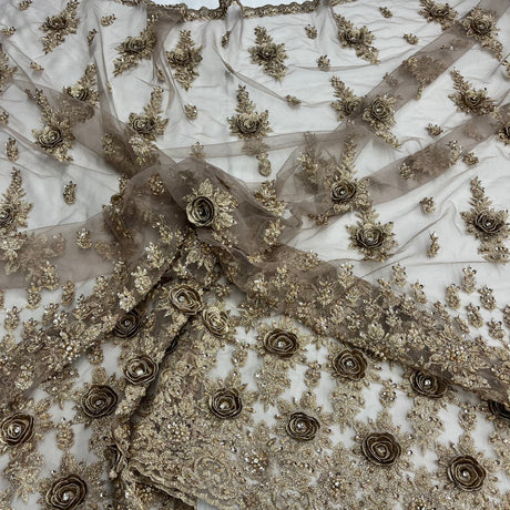 Beaded 3D Floral Lace Fabric - Embroidered On 100 Percent Polyester Net Mesh, Skin, Taupe, Silver, 54" Width (1 Yard)