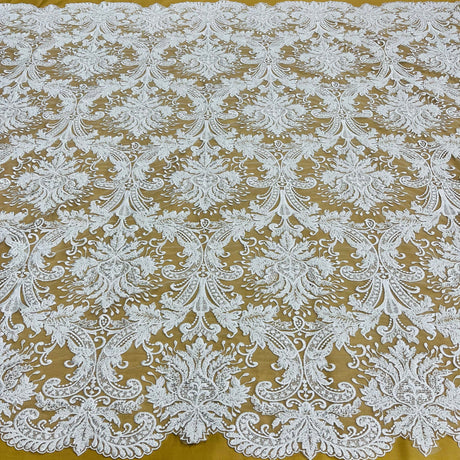 Beaded Lace Fabric Embroidered On 100 Percent Polyester Net Mesh - Off White, White Floral Sequin Embroidery, 48" Width (1 Yard)