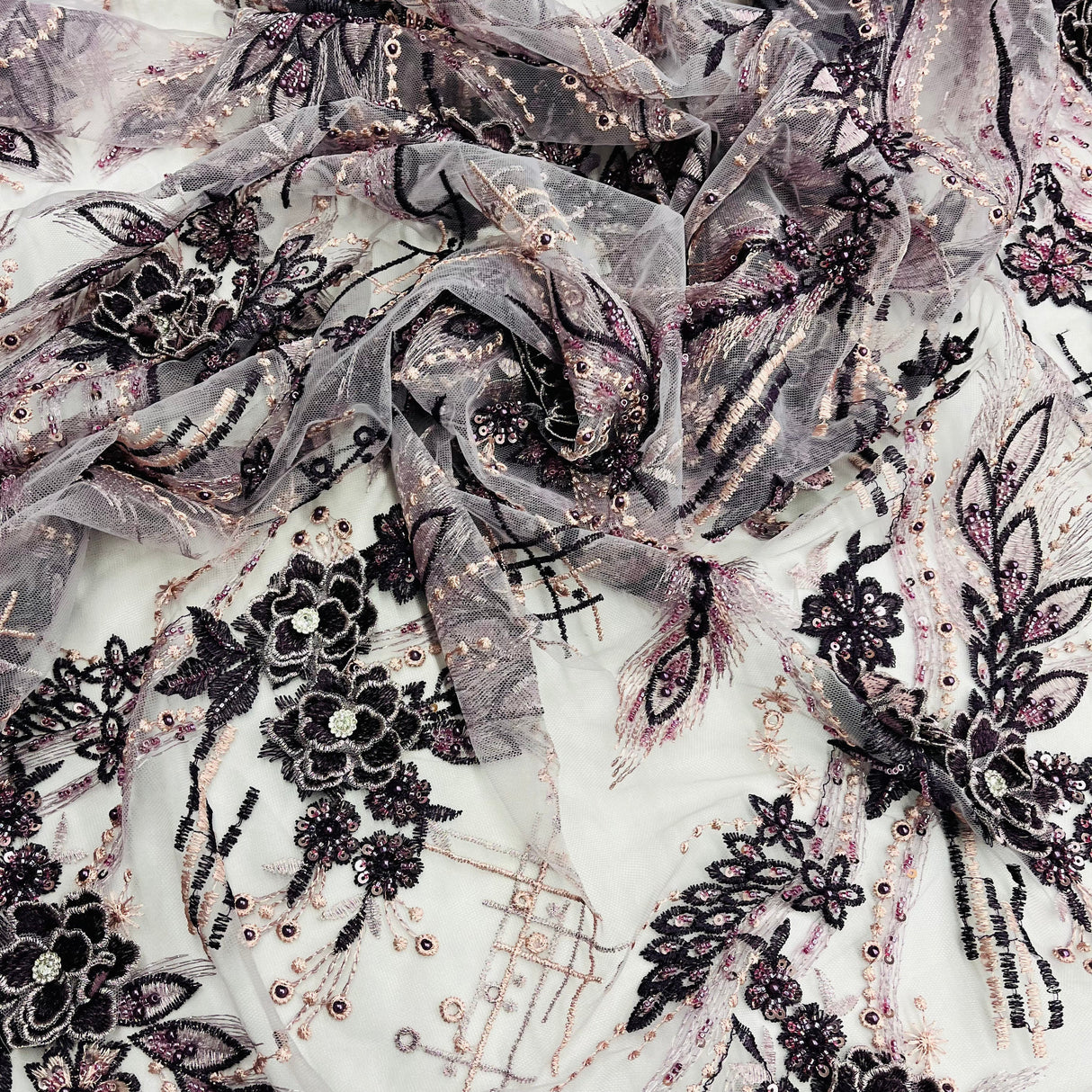 3D Floral Lace Fabric Beaded Rhinestone Embroidered