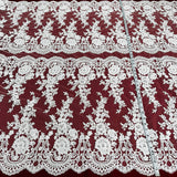 1 Yard Corded Bridal Lace Fabric Embroidered on Polyester Net Mesh