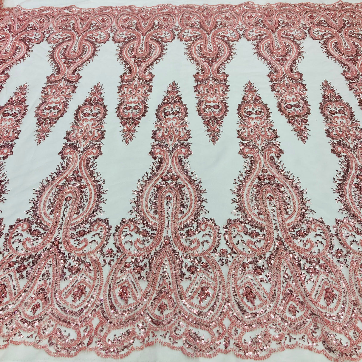 Beaded Lace Fabric Embroidered On 100 Percent Polyester Net Mesh Fabric - Rose Gold, Red, Blush, 51" Wide (1 Yard)