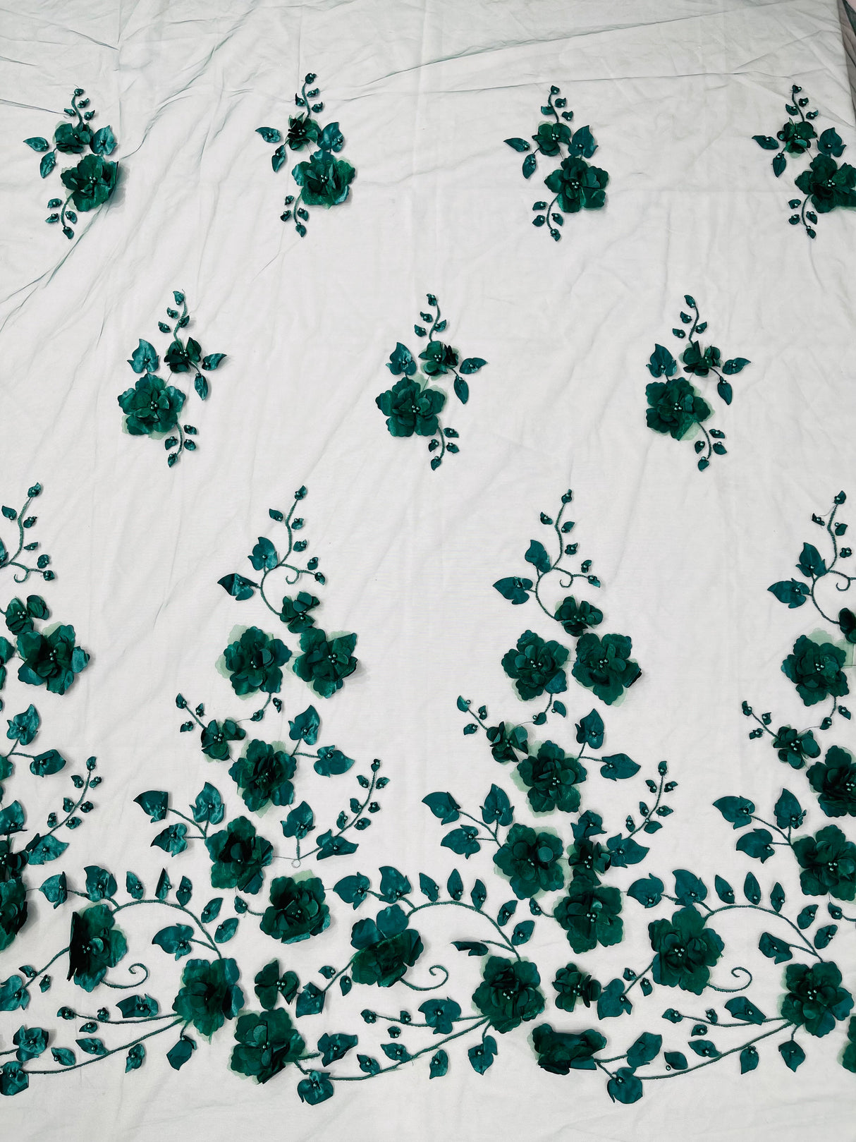 Orquidia 3D Floral Design Embroidered With Pearls Lace Fabric - 3D Floral Mesh Lace, 54" Width (1 Yard)