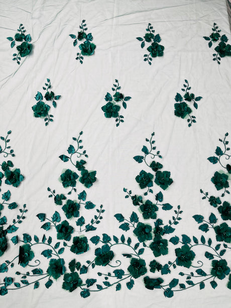 Orquidia 3D Floral Design Embroidered With Pearls Lace Fabric - 3D Floral Mesh Lace, 54" Width (1 Yard)