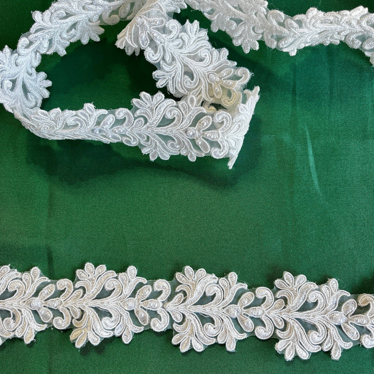 Beaded & Corded Lace Trimming Embroidered On 100 Percent Polyester Lace Fabric - White, Ivory, Fuchsia, Approximately 2" Width (1 Yard)