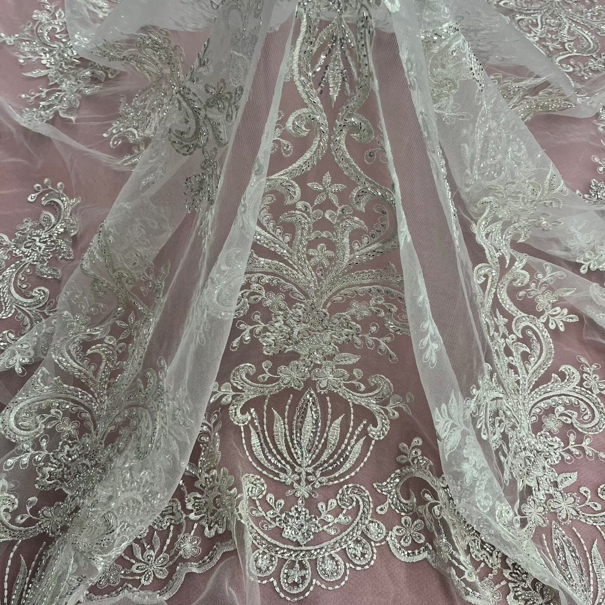 Beaded Lace Fabric Embroidered On 100 Percent Polyester Net Mesh - White, Ivory, Antique Silver, 53" Width (1 Yard)