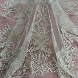 Beaded Lace Fabric Embroidered On 100 Percent Polyester Net Mesh - White, Ivory, Antique Silver, 53" Width (1 Yard)