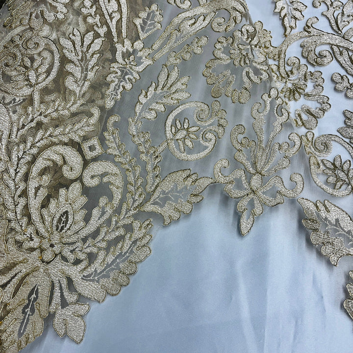 1 Yard Corded Bridal Lace Fabric Embroidered on 100% Polyester Net Mesh White