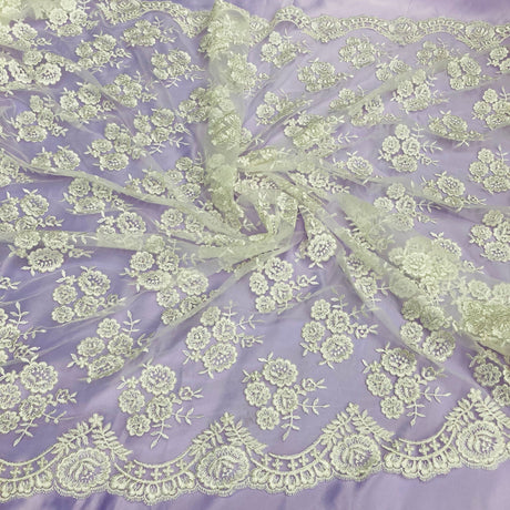 1 Yard Corded Bridal Lace Fabric Embroidered on 100% Polyester Net Mesh – 50"